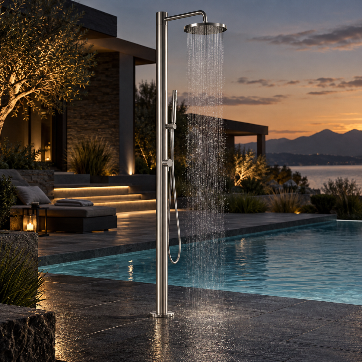 Gartendusche aus Edelstahl mit Kopf- und Handbrause neben einem modernen Pool