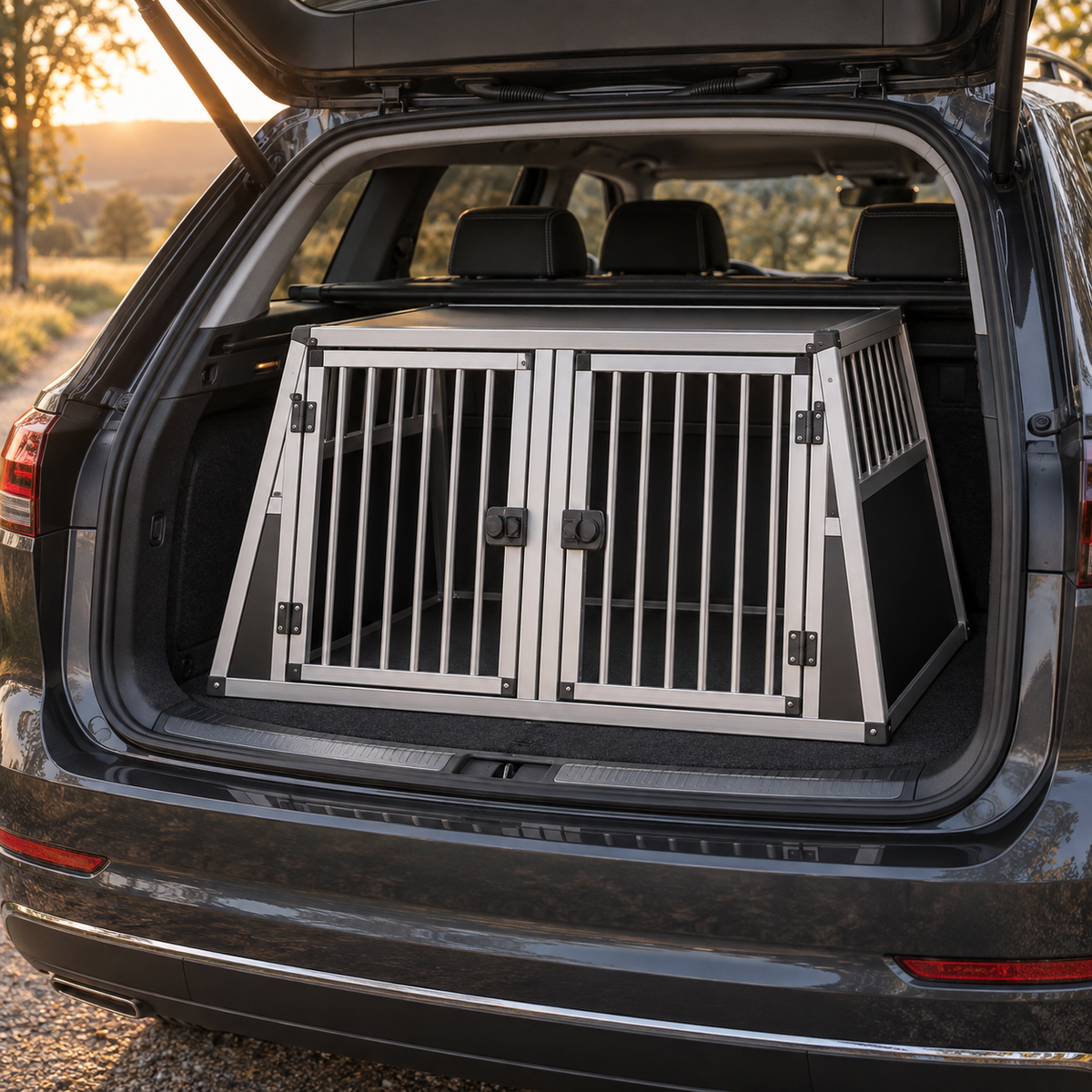 Silberfarbene Hundetransportbox mit zwei Türen im Kofferraum eines Autos