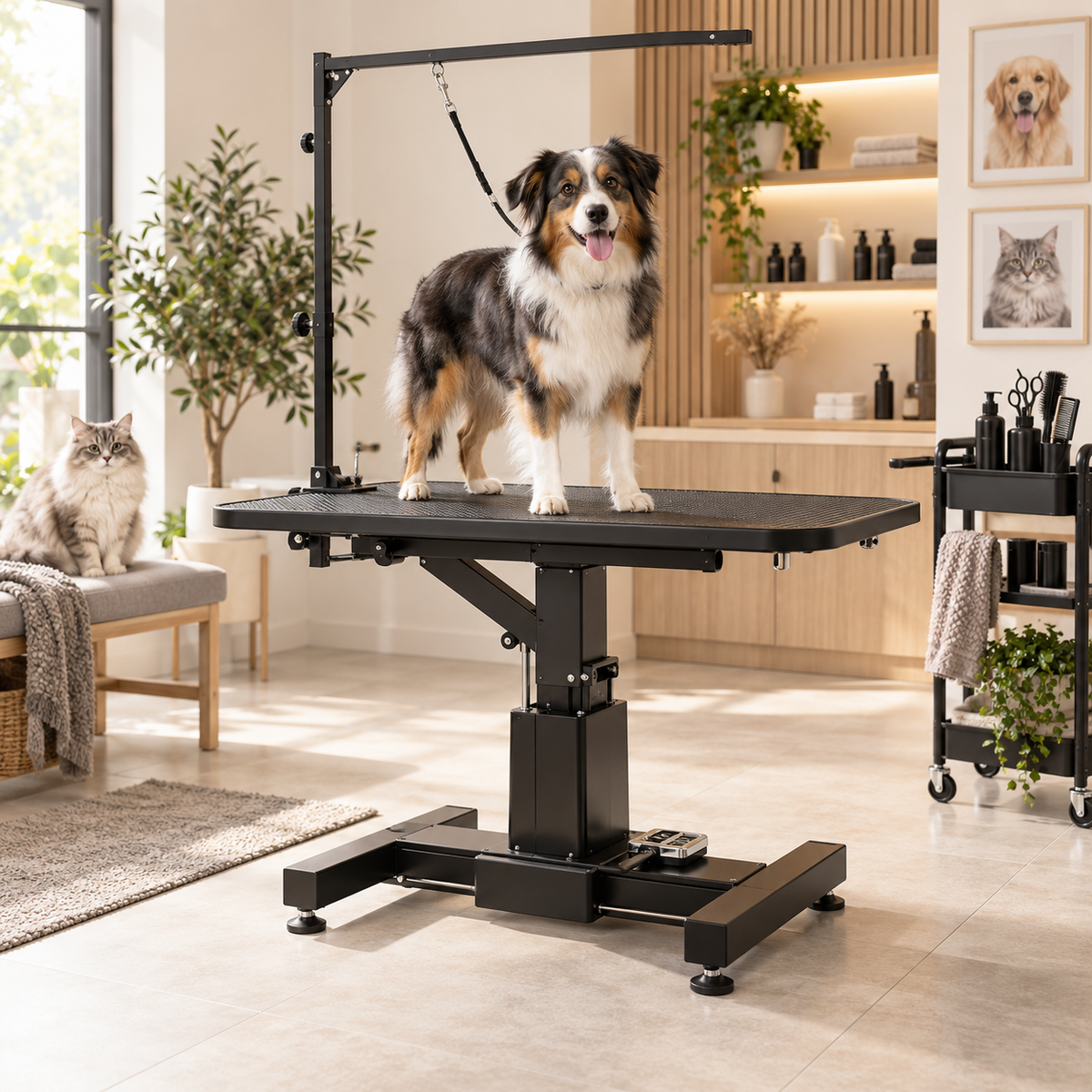 Hydraulischer Trimmtisch mit Hund und Katze in einem modernen Pflegesalon