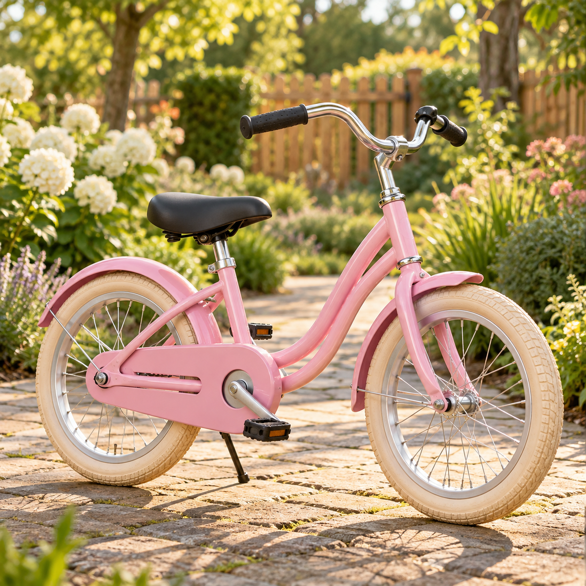 Rosa Kinderfahrrad auf einem Gartenweg im warmen Sonnenlicht