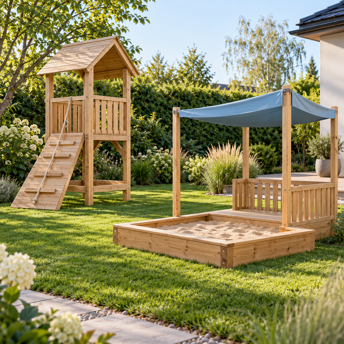 Holzspielturm mit Kletterrampe und Sandkasten mit überdachter Spielveranda im Garten
