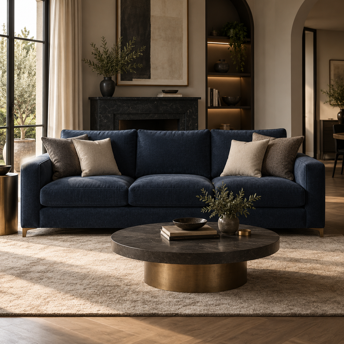 Blaues Samtsofa in einem modernen Wohnzimmer