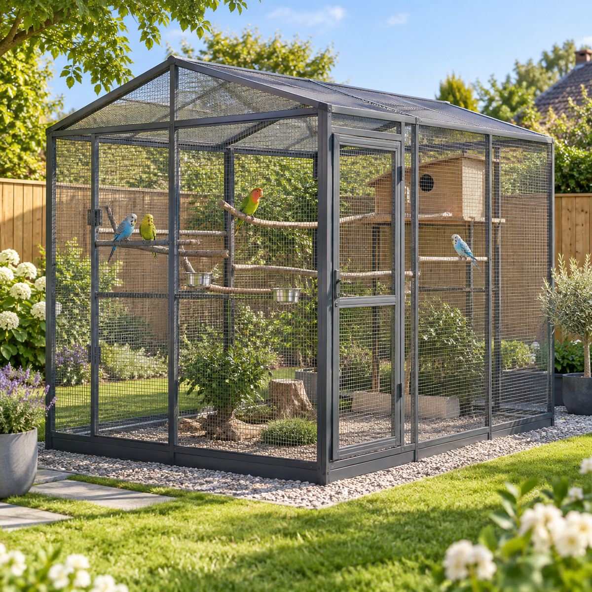 Große Aluminium-Voliere mit Vögeln in einem Garten