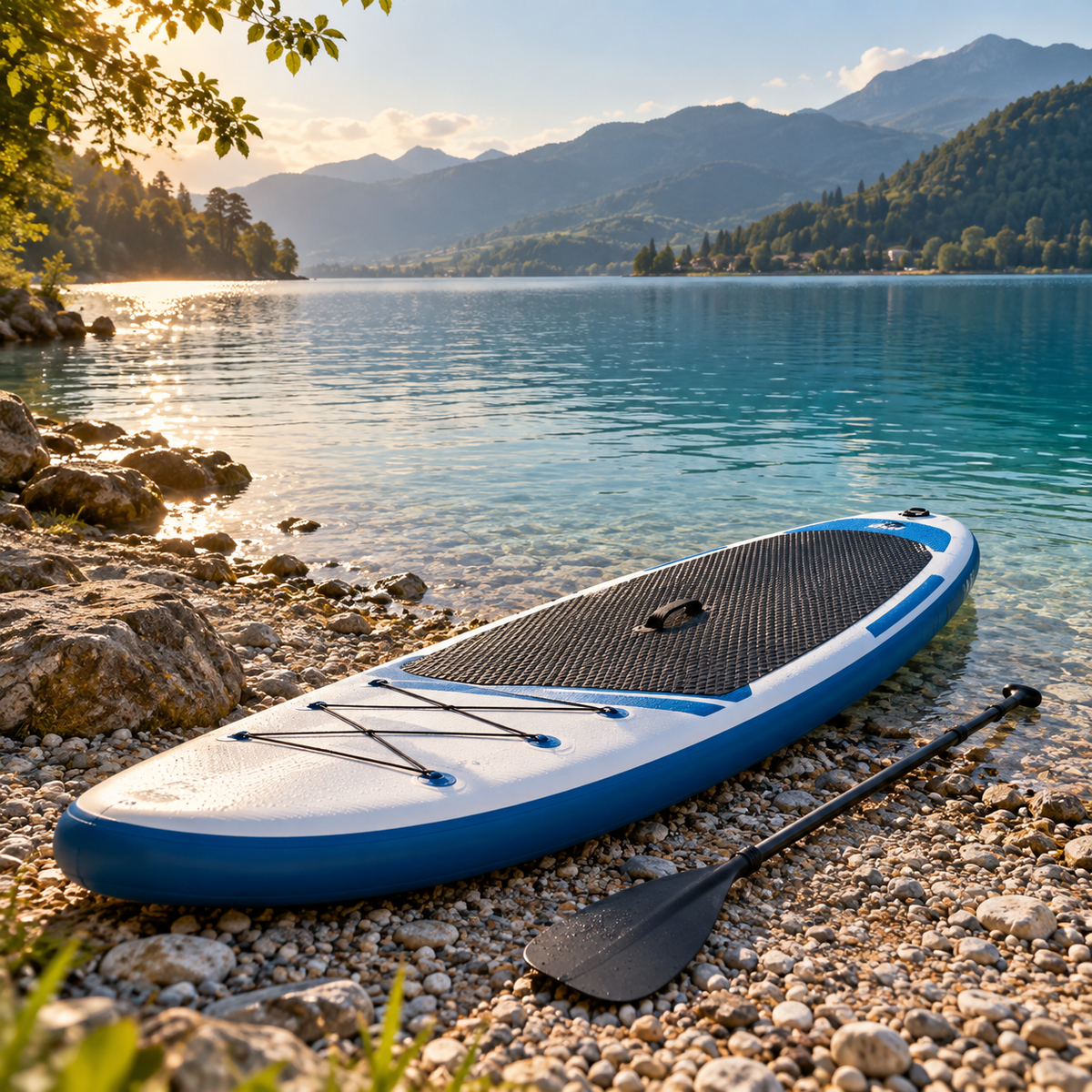 Blau-weißes SUP-Board mit Paddel am Ufer eines klaren Sees vor einer Berglandschaft