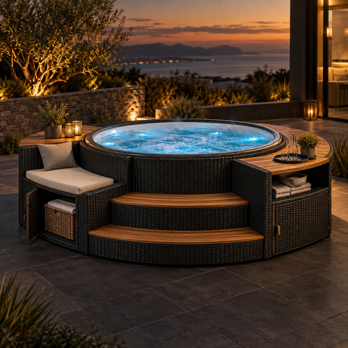 Whirlpool-Umrandung aus Polyrattan auf einer modernen Terrasse