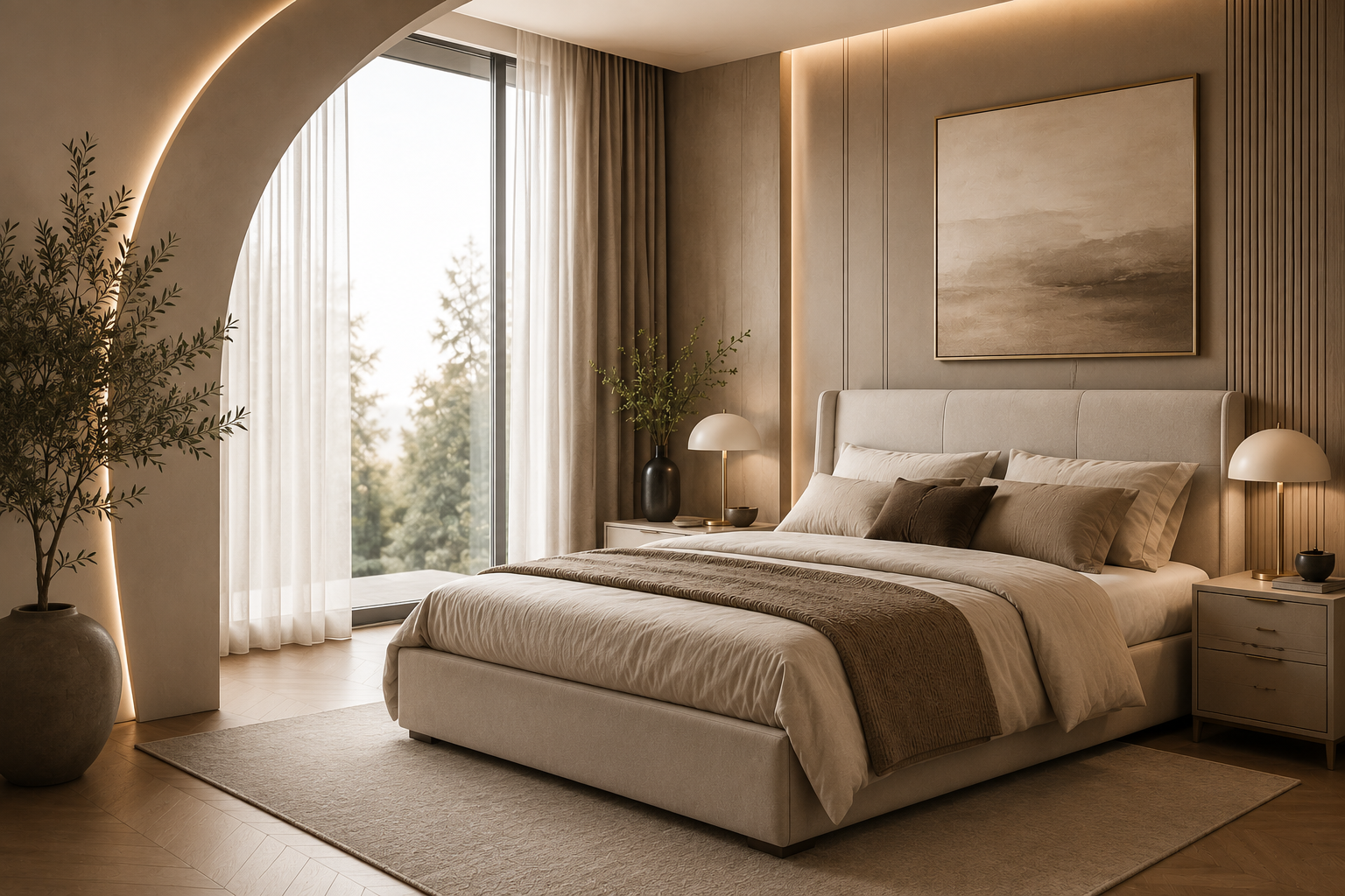 Modernes Schlafzimmer mit hochwertigem Polsterbett, Nachttischen und stilvoller Beleuchtung in warmen Naturtönen.