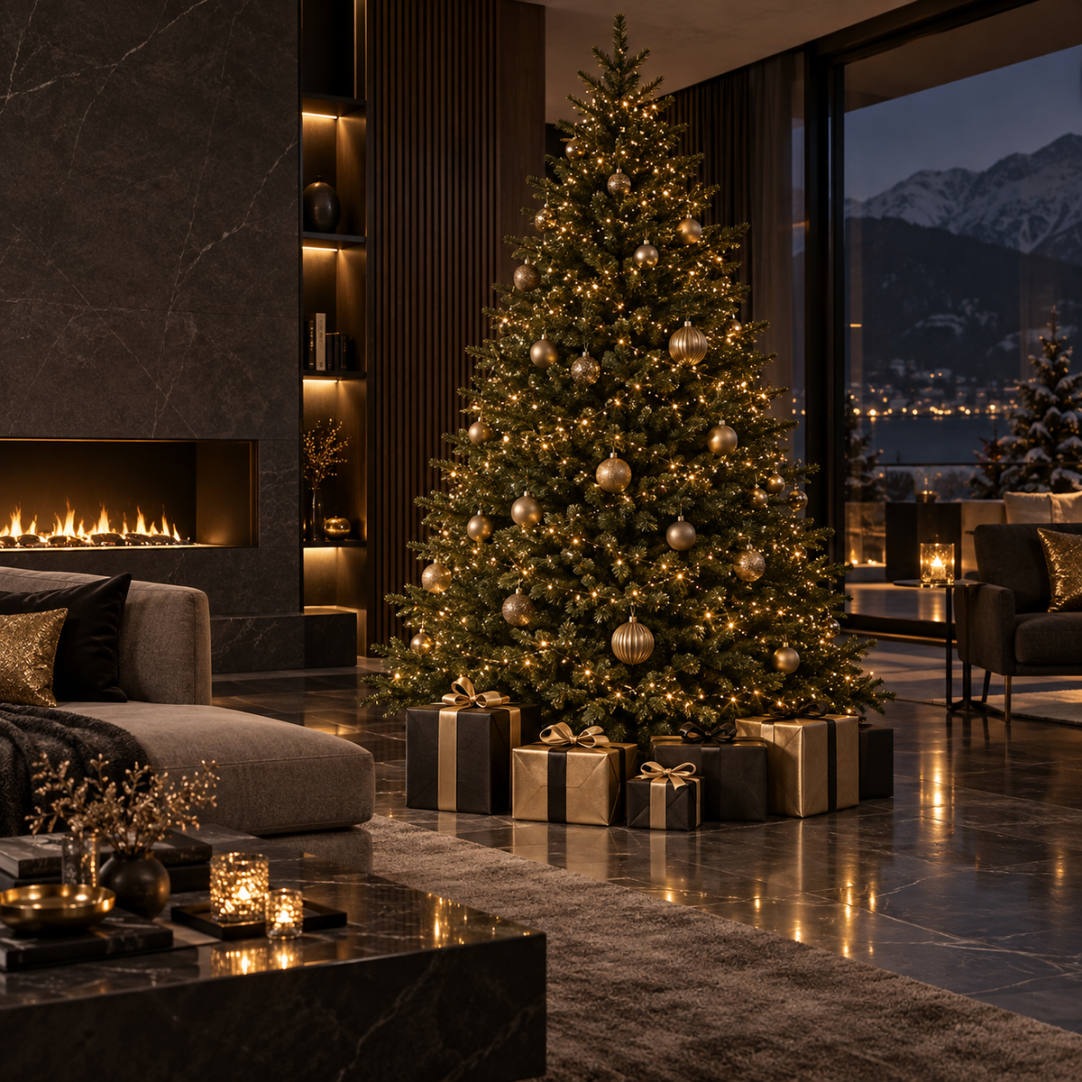 Luxuriöser Weihnachtsbaum mit goldenen Lichtern und elegant verpackten Geschenken
