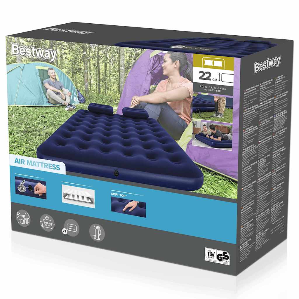 Luftbett mit Kissen & Luftpumpe Beflockt 203×152×22 cm 67374