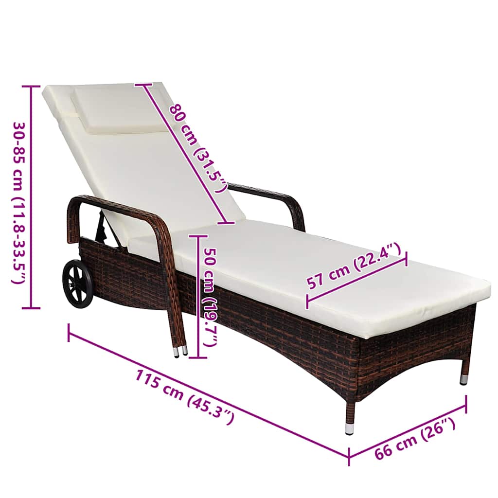 Sonnenliege mit Polster & Rollen Poly Rattan Braun