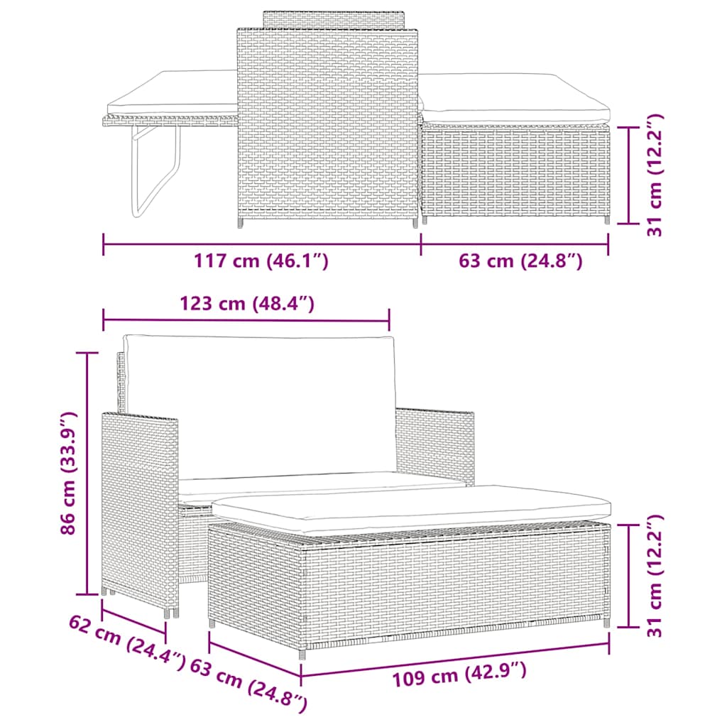 2-tlg. Garten-Lounge-Set mit Auflagen Poly Rattan Schwarz