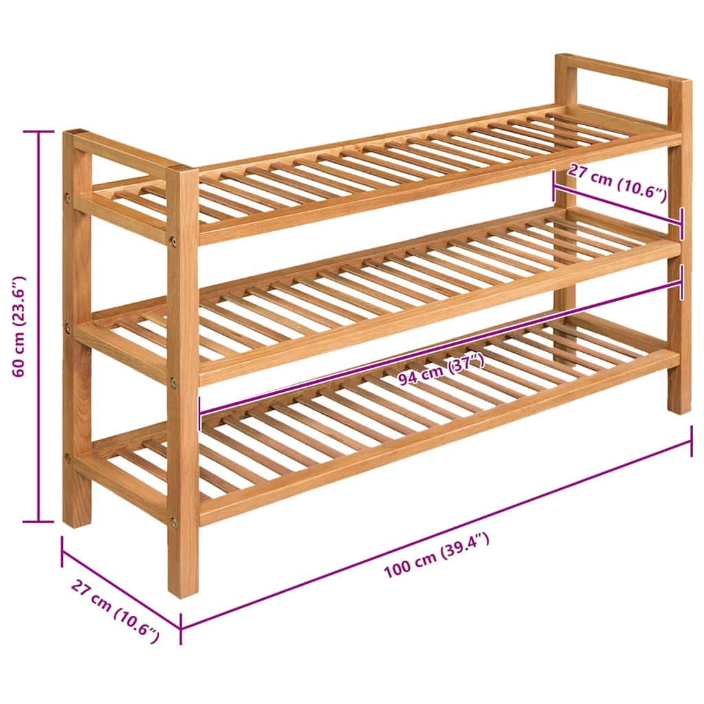 Schuhregal mit 3 Etagen 100x27x60 cm Massivholz Eiche
