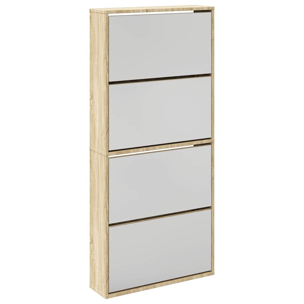 Schuhschrank mit 4 Fächern Spiegel Eiche 63×17×134 cm