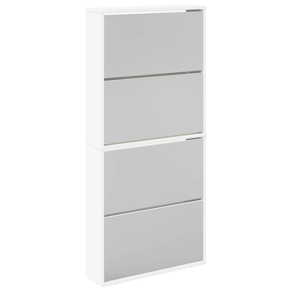 Schuhschrank mit 4 Fächern Spiegel Weiß 63×17×134 cm