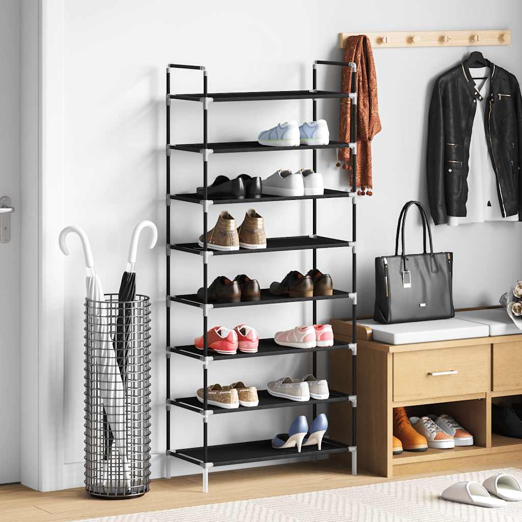 Schuhregal mit 8 Ablagen Metall und Vliesstoff Schwarz