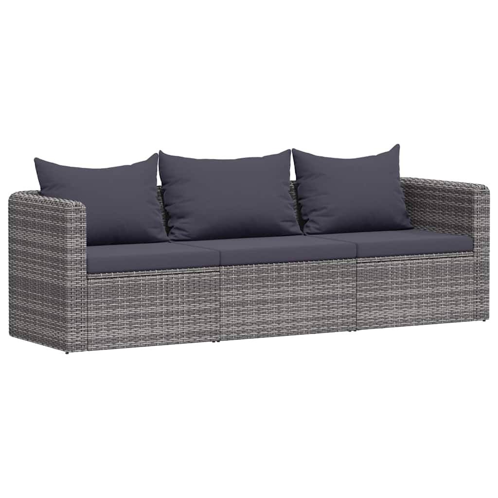 3-tlg. Garten-Sofagarnitur mit Kissen Grau Poly Rattan