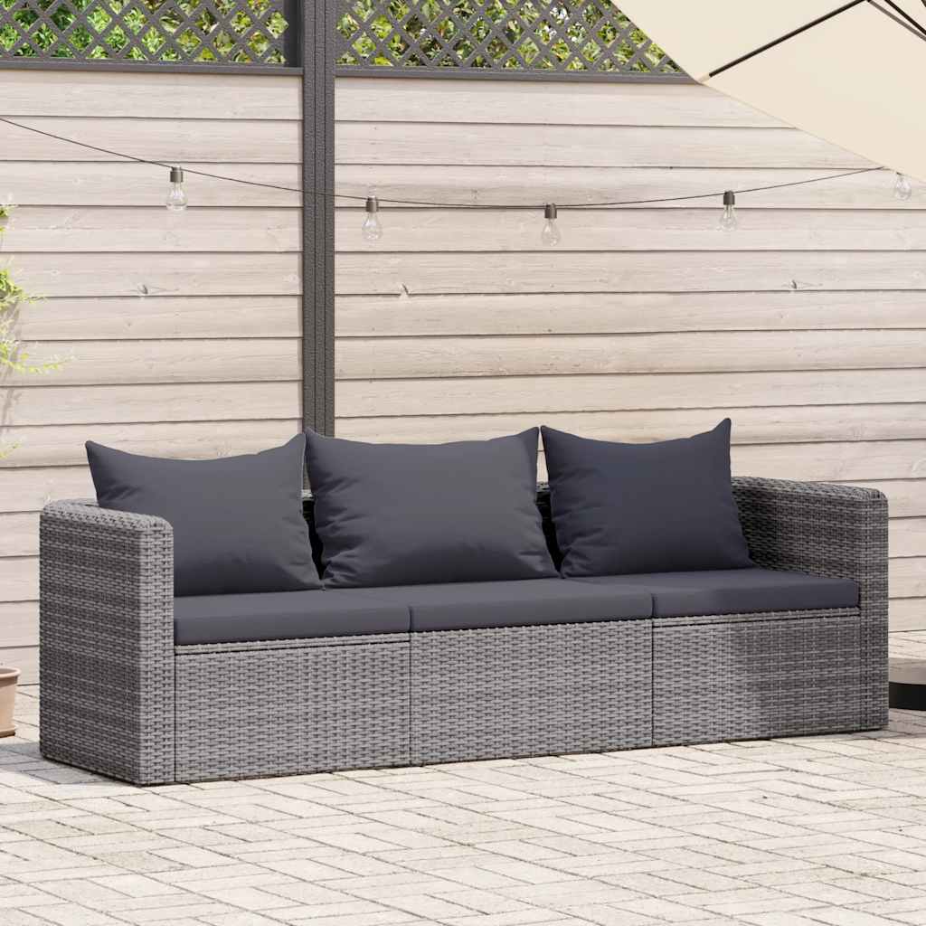 3-tlg. Garten-Sofagarnitur mit Kissen Grau Poly Rattan