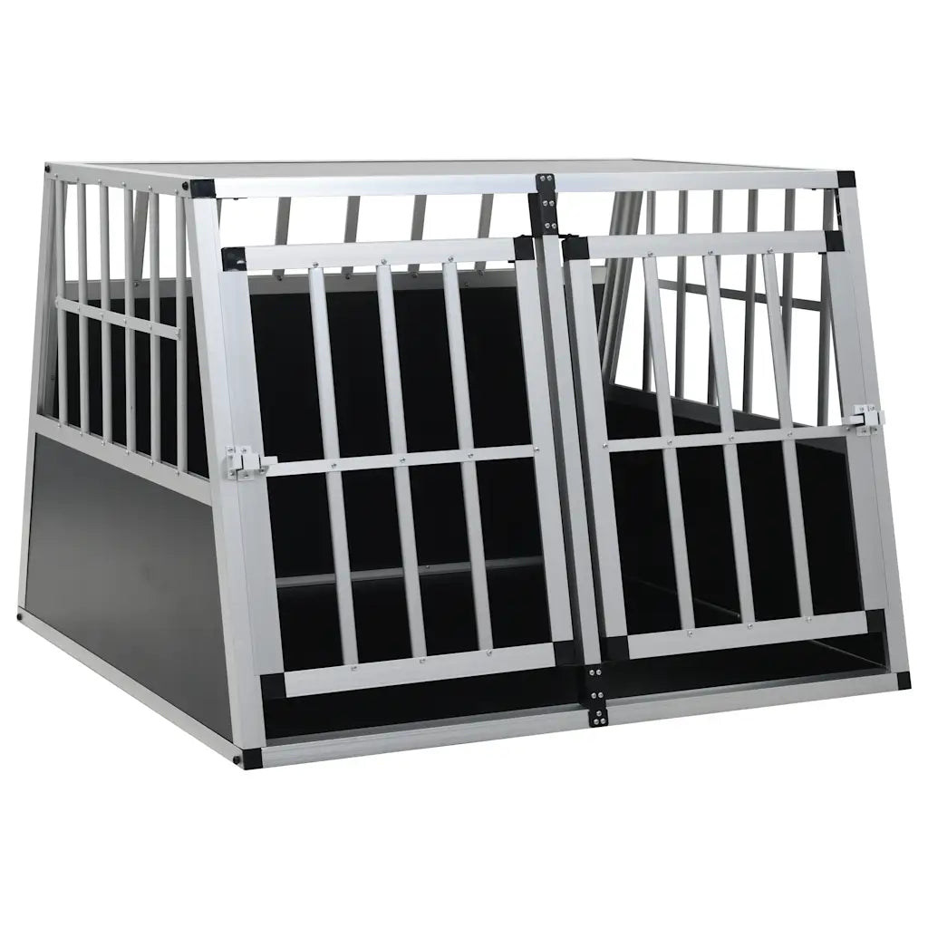 Silberfarbene Hundetransportbox aus Aluminium und MDF mit Doppeltür, 94 × 88 × 69 cm