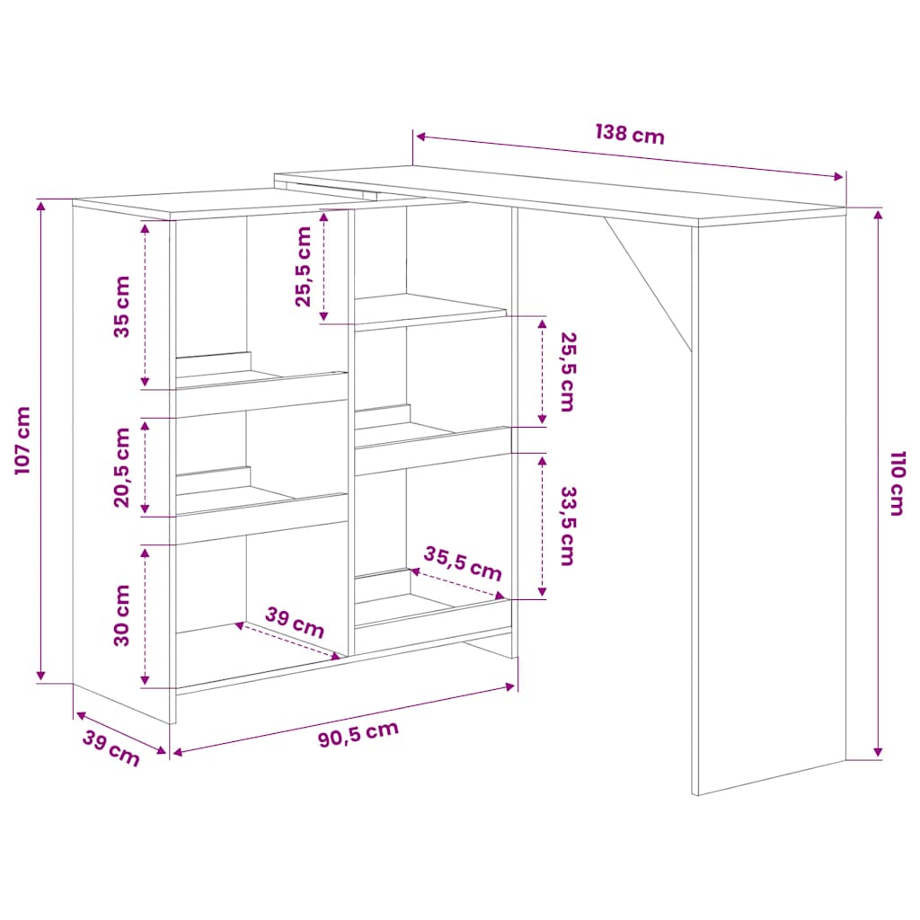 Bartisch mit Beweglichem Regal Weiß 138x39x110 cm