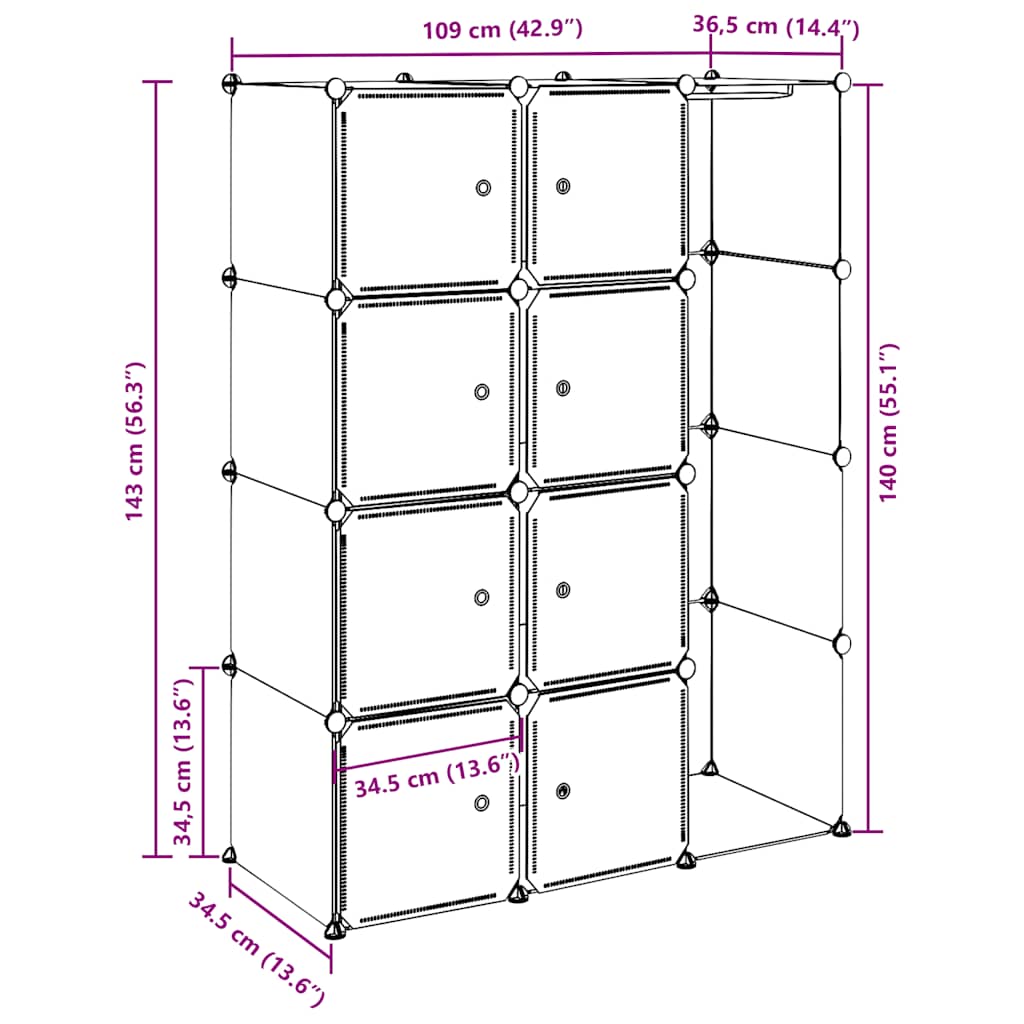 Modularer Schrank mit 9 Fächern 109x36,5x143cm Schwarz und Weiß