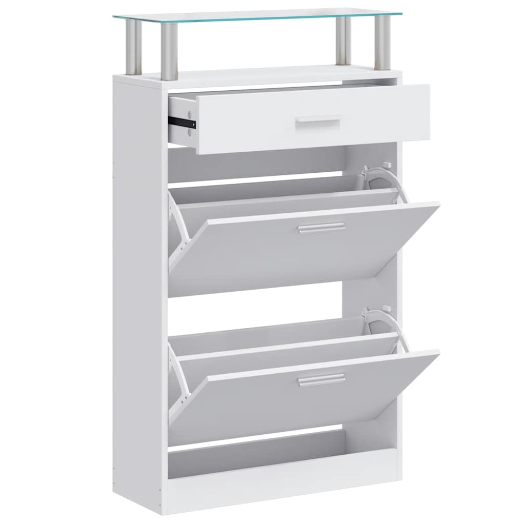 Schuhschrank mit Schubfach und oberem Glasregal Holz Weiß