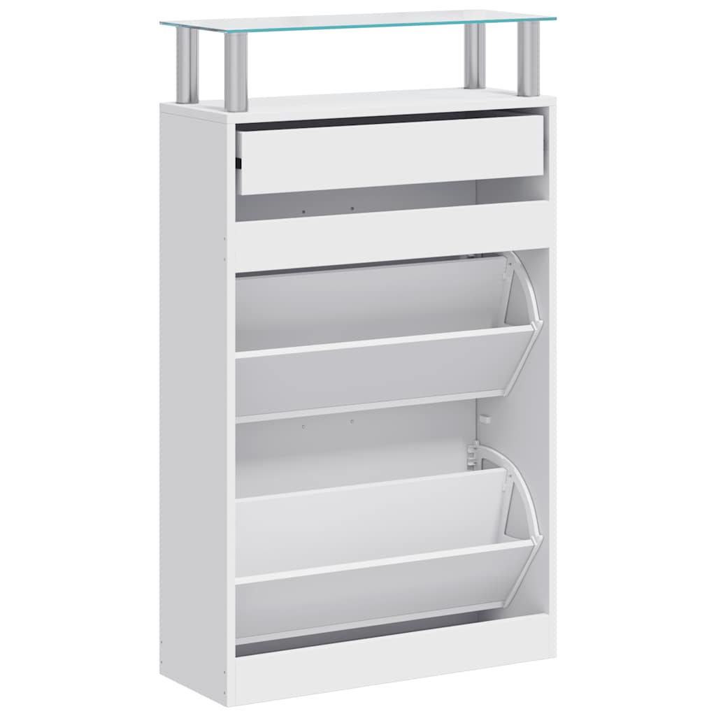 Schuhschrank mit Schubfach und oberem Glasregal Holz Weiß
