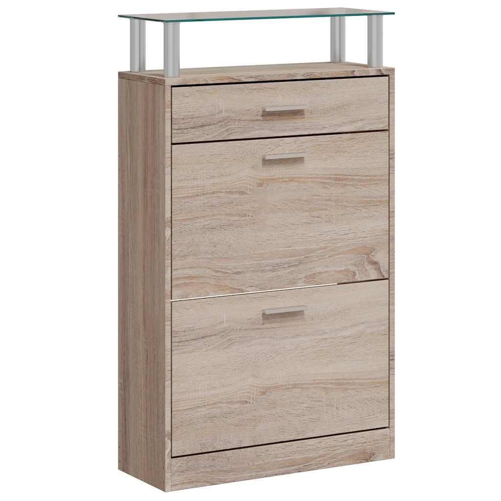 Schuhschrank mit Schubfach & oberes Glasregal Holz Eichenoptik