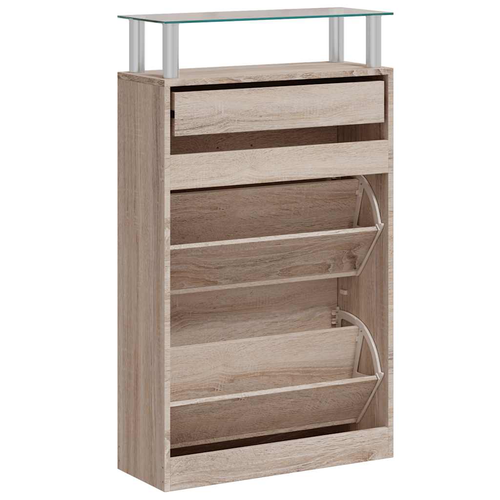 Schuhschrank mit Schubfach & oberes Glasregal Holz Eichenoptik