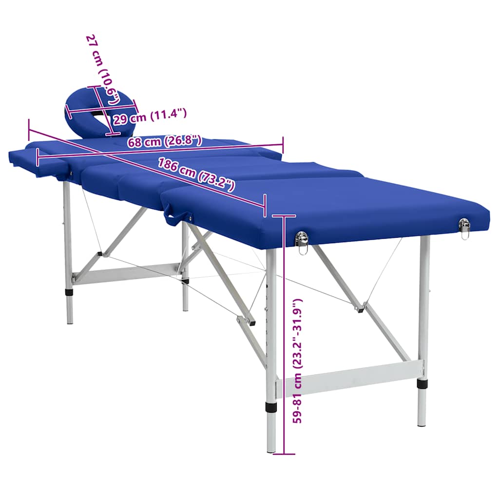 Massagetisch mit Aluminiumrahmen, faltbar 4 Zonen Blau