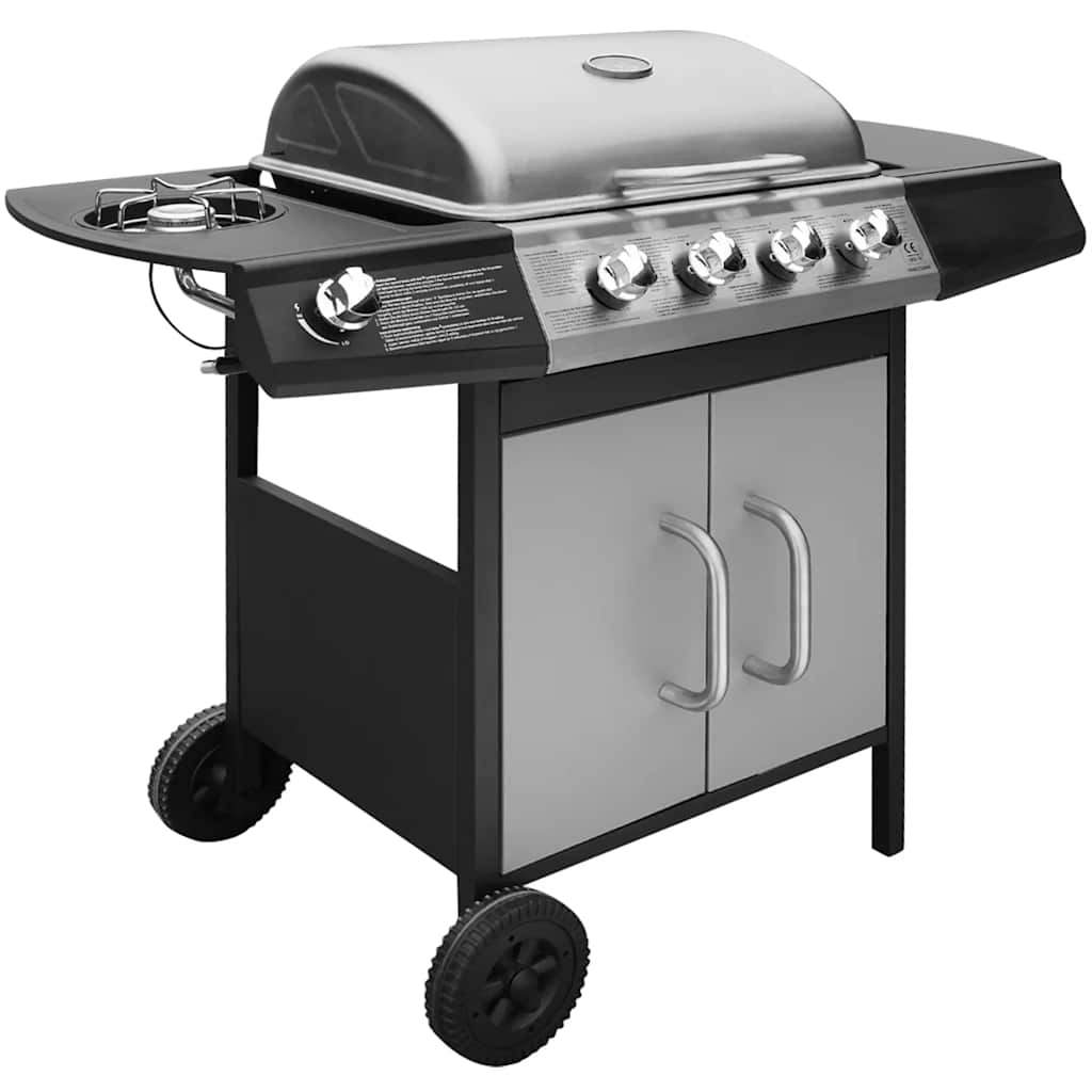Gasgrill 4+1 Flammen Schwarz und Silbern
