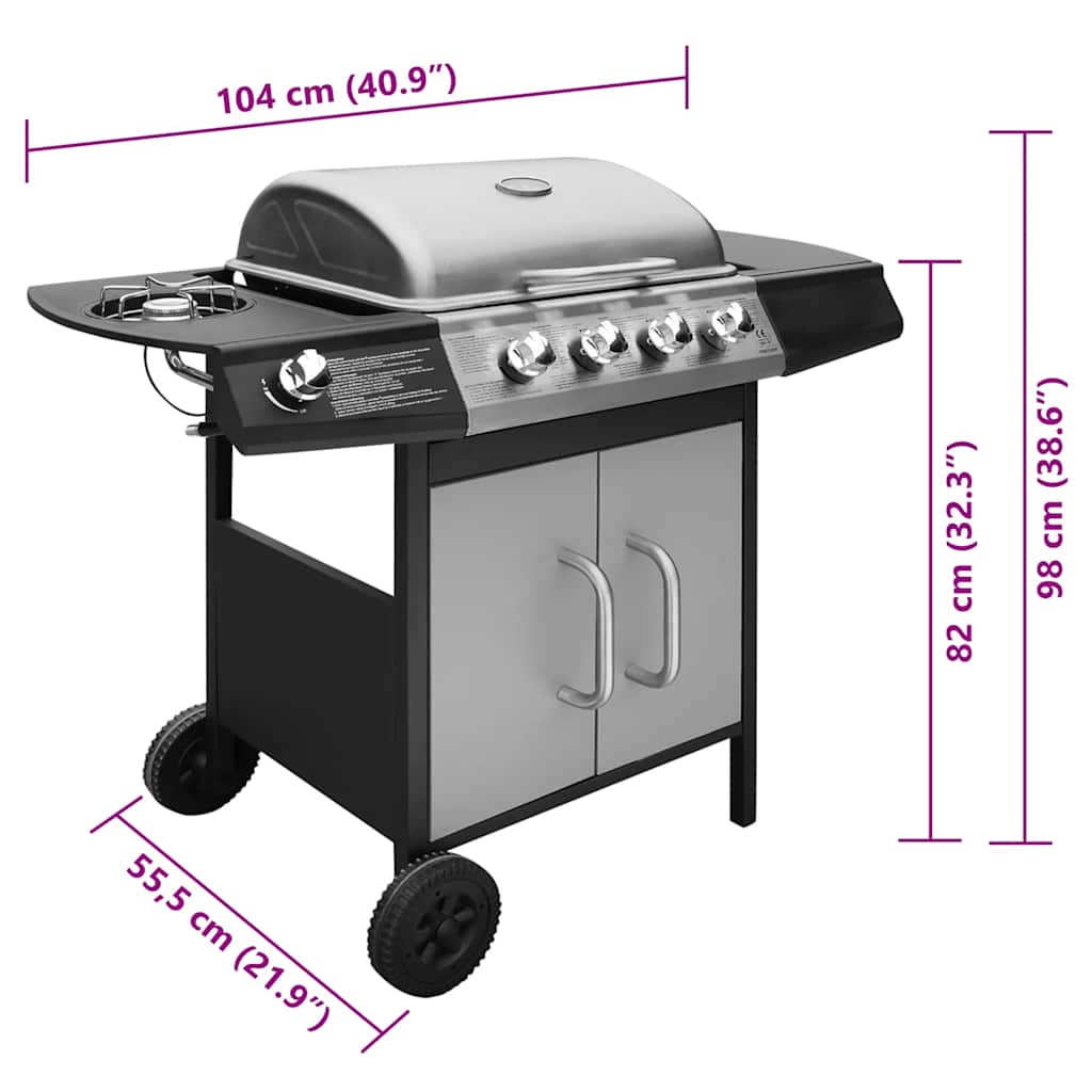 Gasgrill 4+1 Flammen Schwarz und Silbern