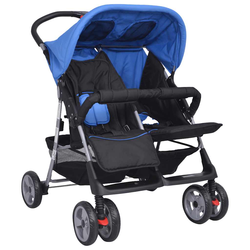 Zwillingskinderwagen Stahl Blau und Schwarz