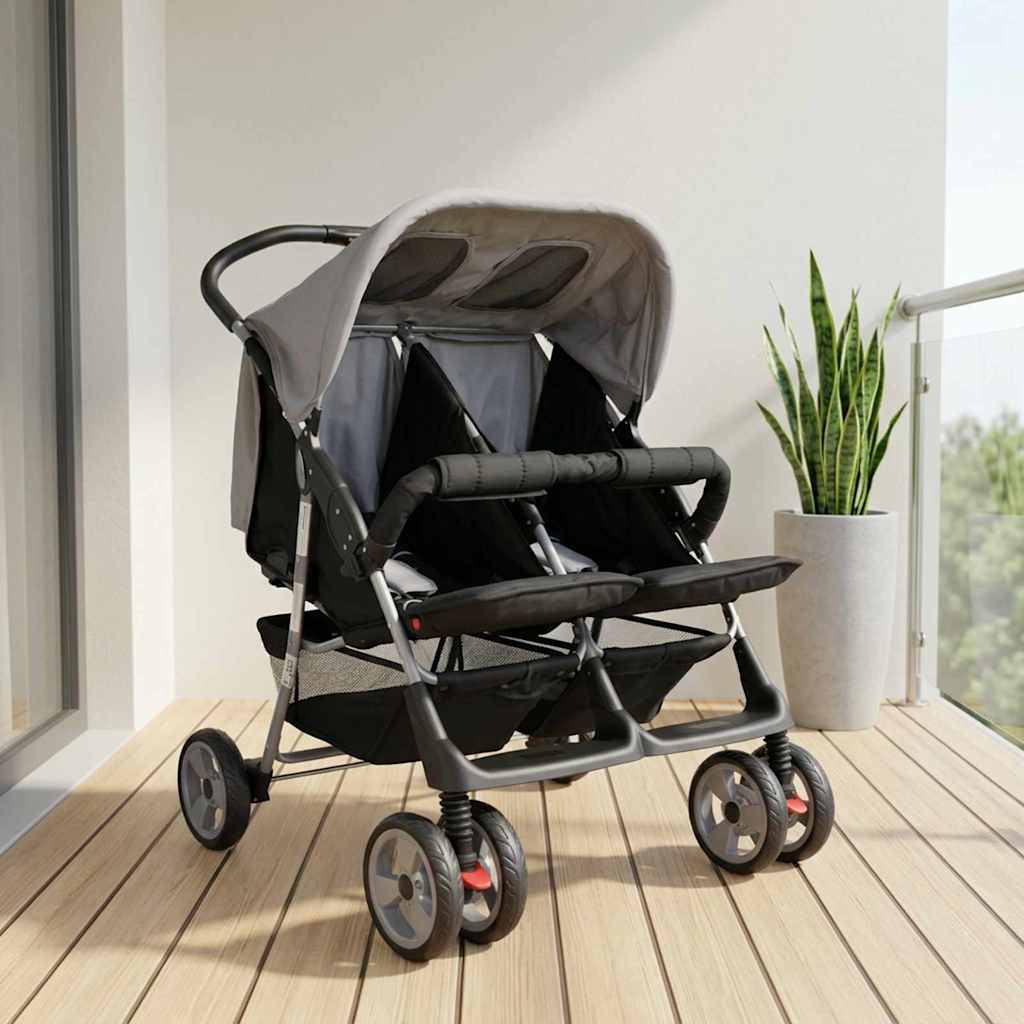 Zwillingskinderwagen Stahl Grau und Schwarz