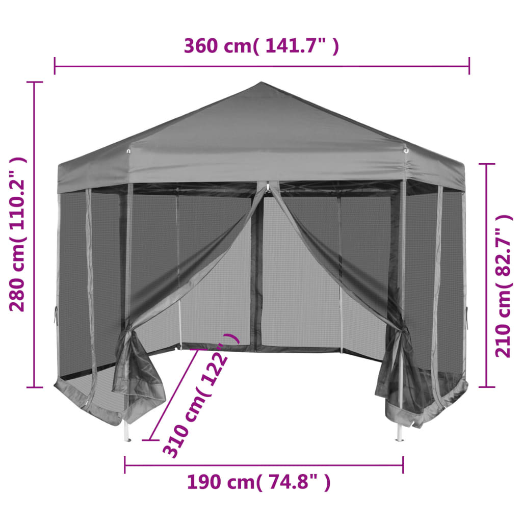 Hexagonal Pop-Up Zelt mit 6 Seitenwänden Grau 3,6x3,1 m