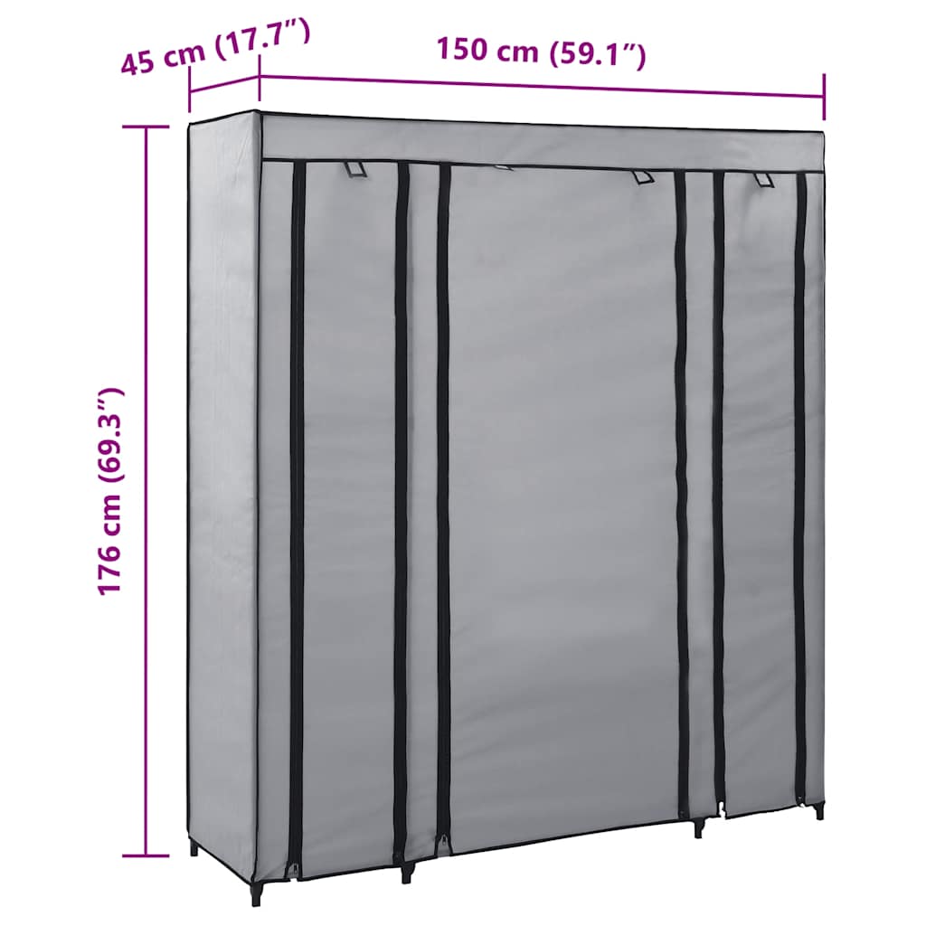 Stoffschrank mit Fächern Kleiderstangen Grau 150x45x176cm