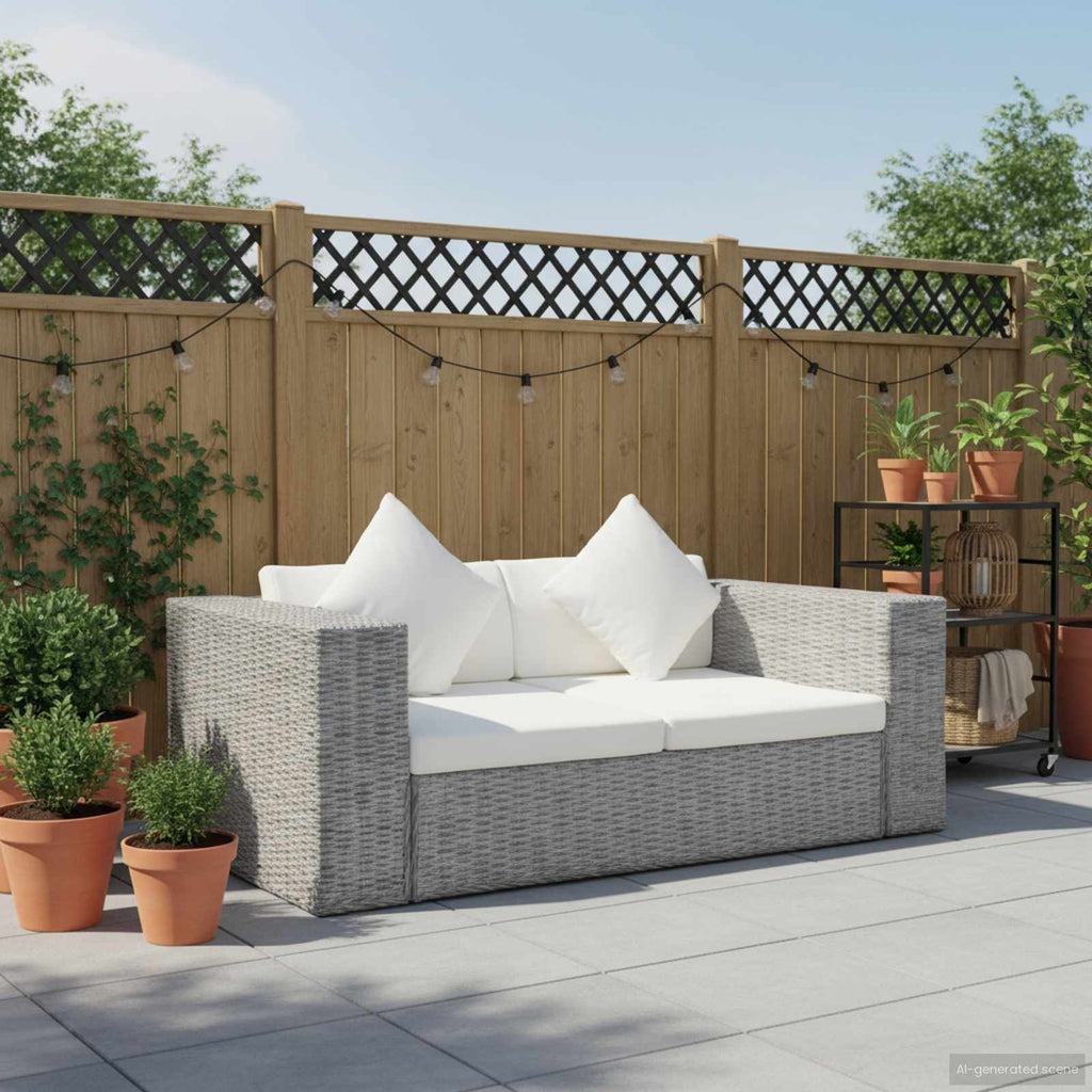 2-Sitzer-Sofa mit Kissen Grau Natürliches Rattan