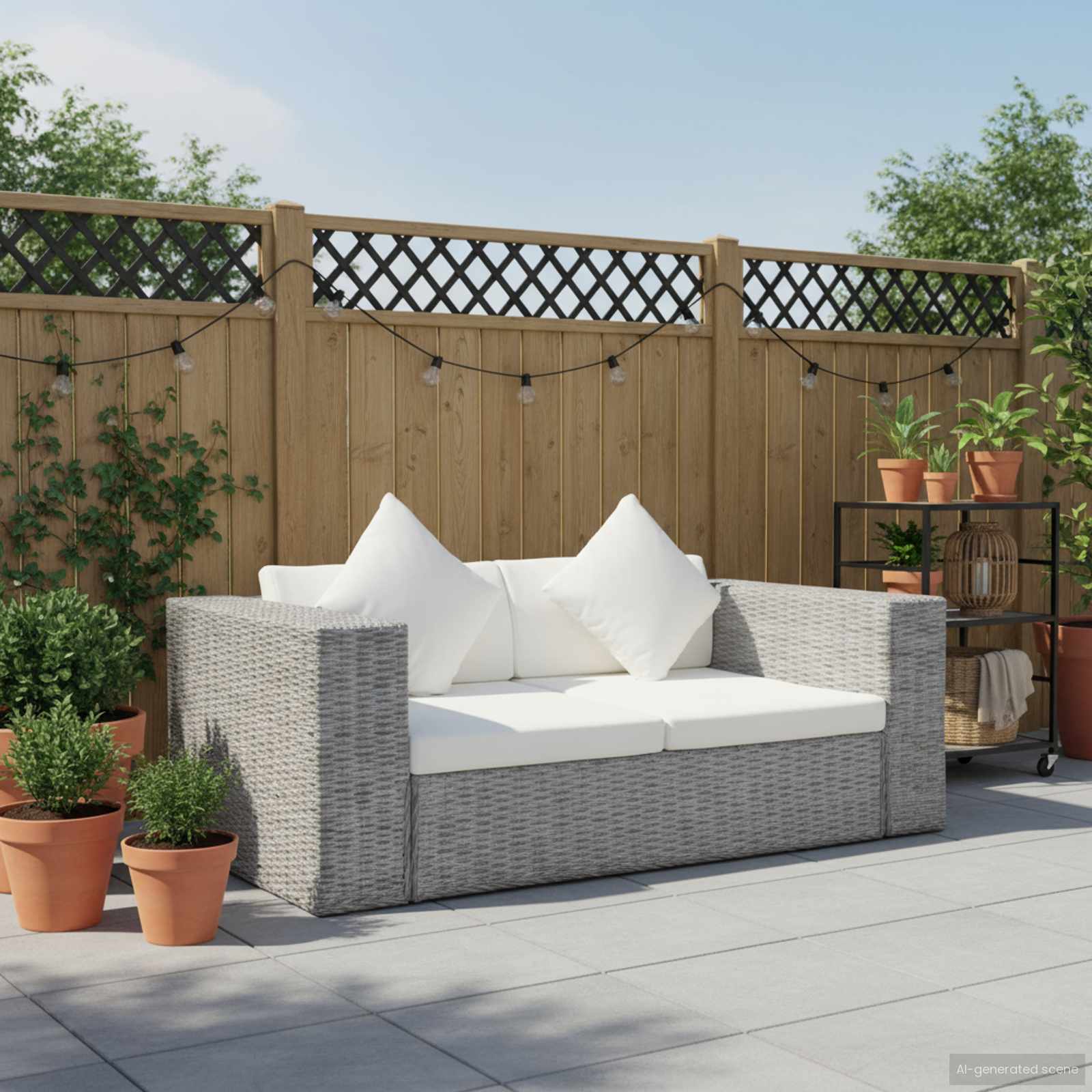 2-Sitzer-Sofa mit Kissen Grau Natürliches Rattan