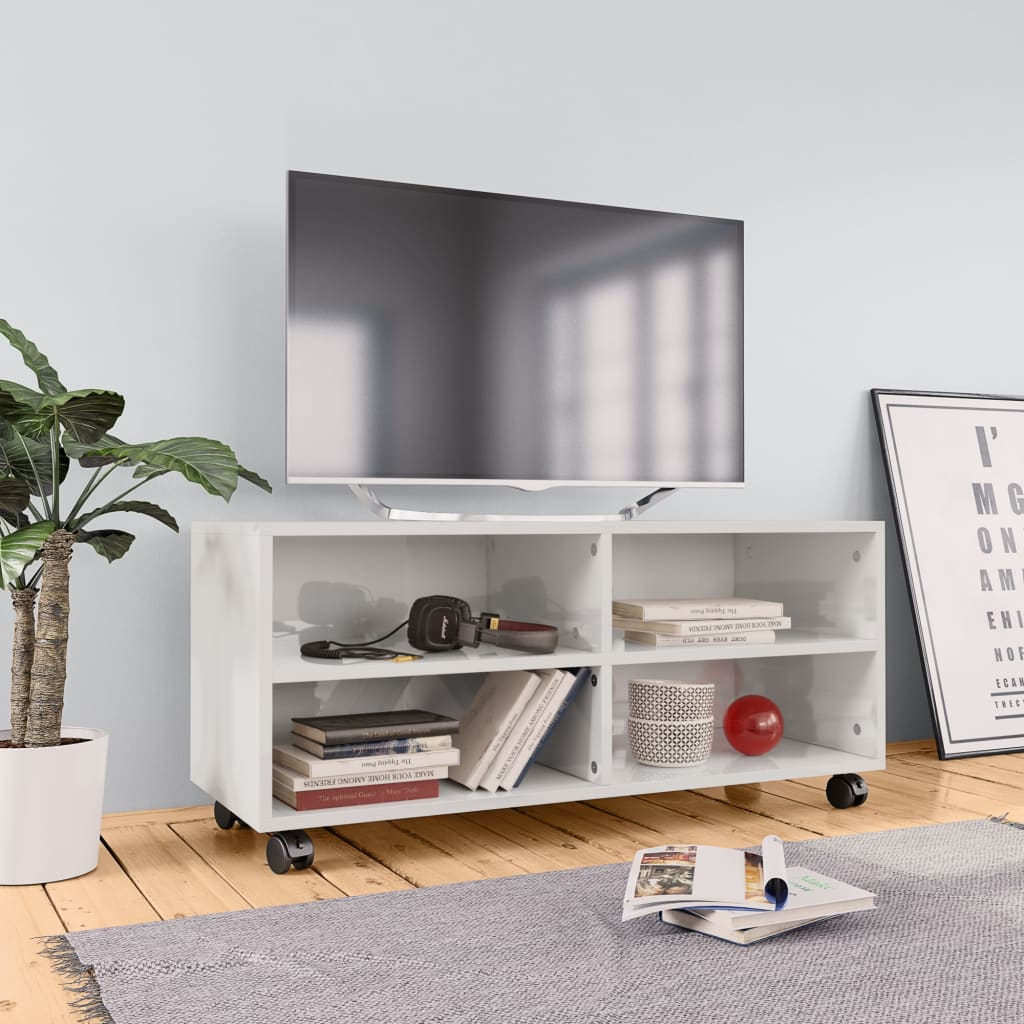 TV-Schrank mit Rollen Hochglanz-Weiß 90x35x35 cm Holzwerkstoff