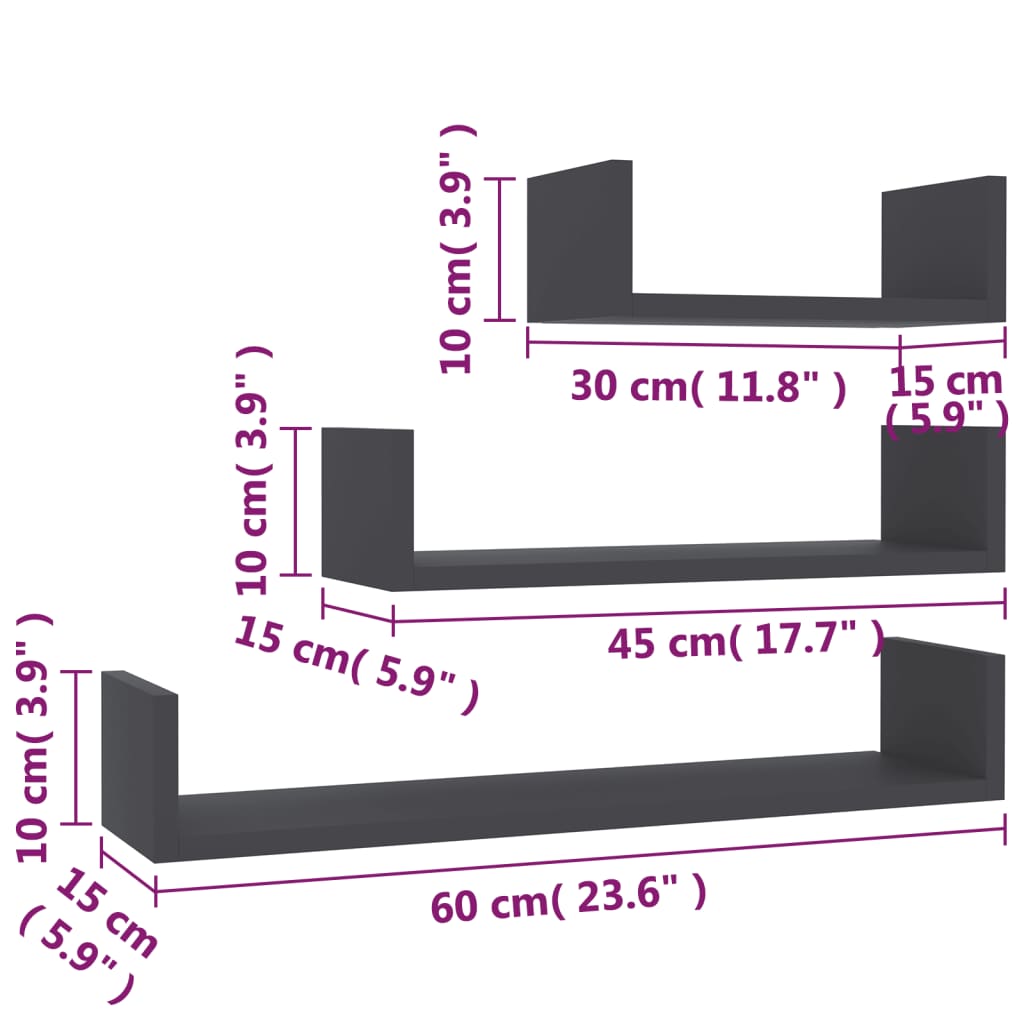 Wandregal 3 Stk. Grau Holzwerkstoff
