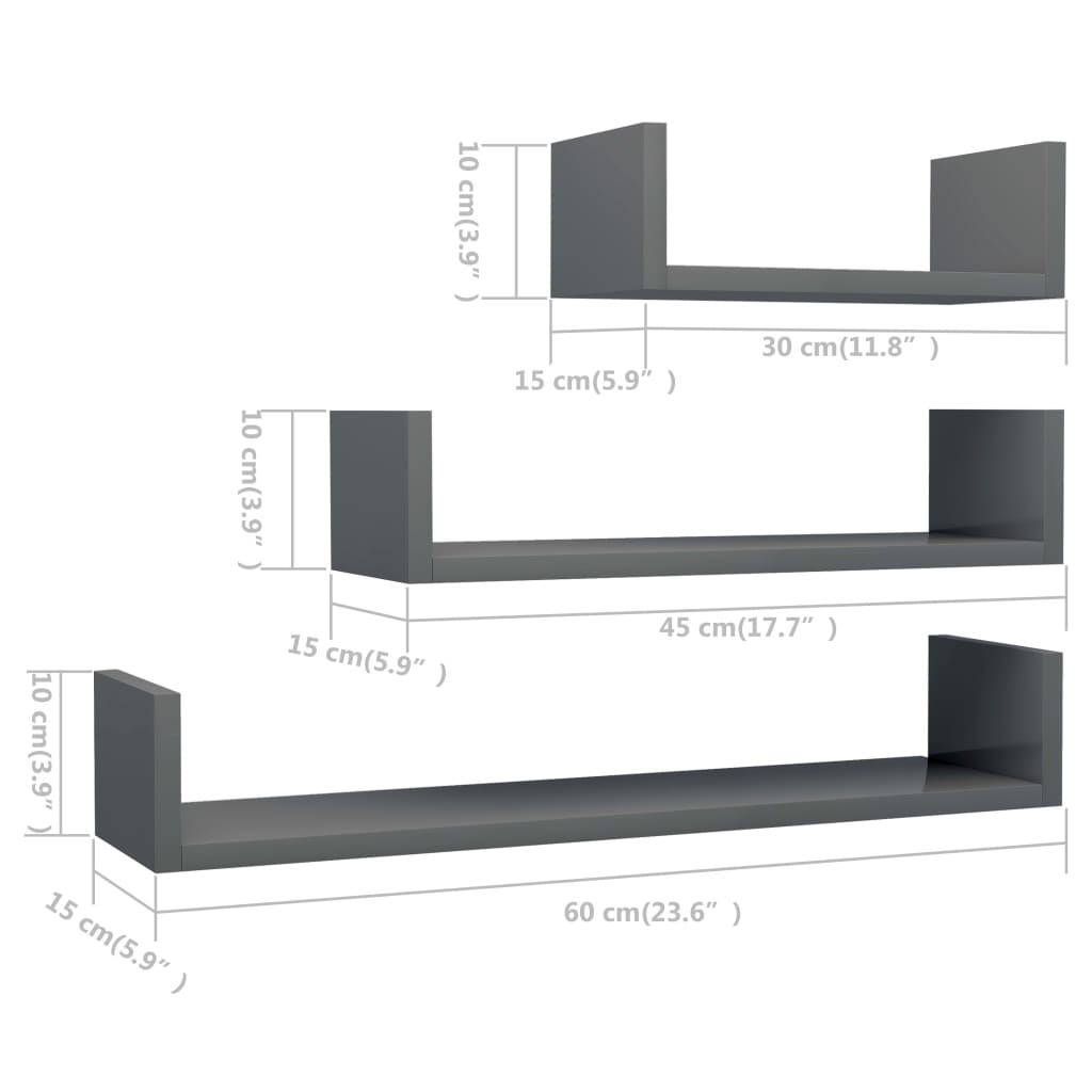 Wandregal 3 Stk. Hochglanz-Grau Holzwerkstoff