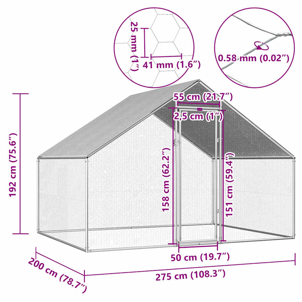 Outdoor-Hühnerkäfig 2,75x2x1,92 m Verzinkter Stahl