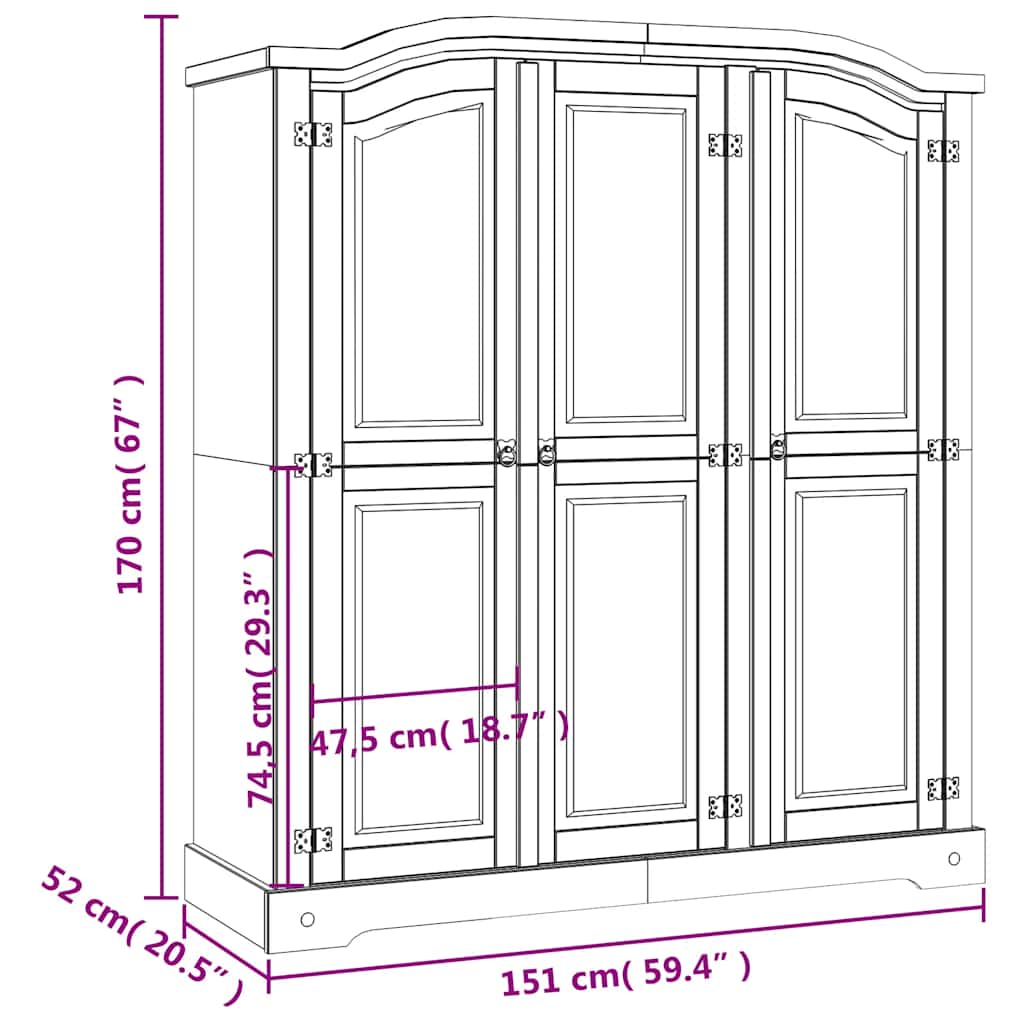 Kleiderschrank Mexiko-Stil Kiefernholz 3 Türen Grau