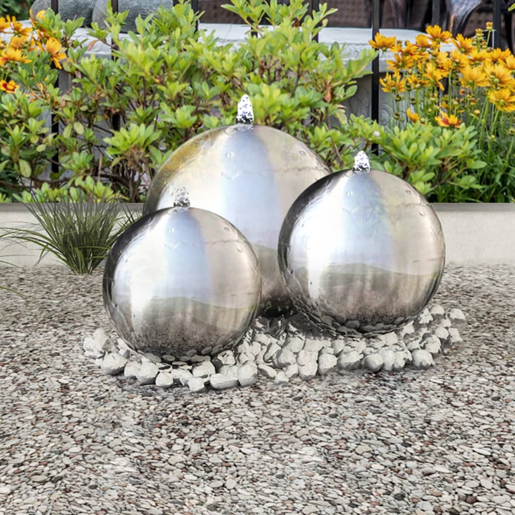 3 Stk. Garten-Springbrunnen Sphäre mit LEDs Edelstahl