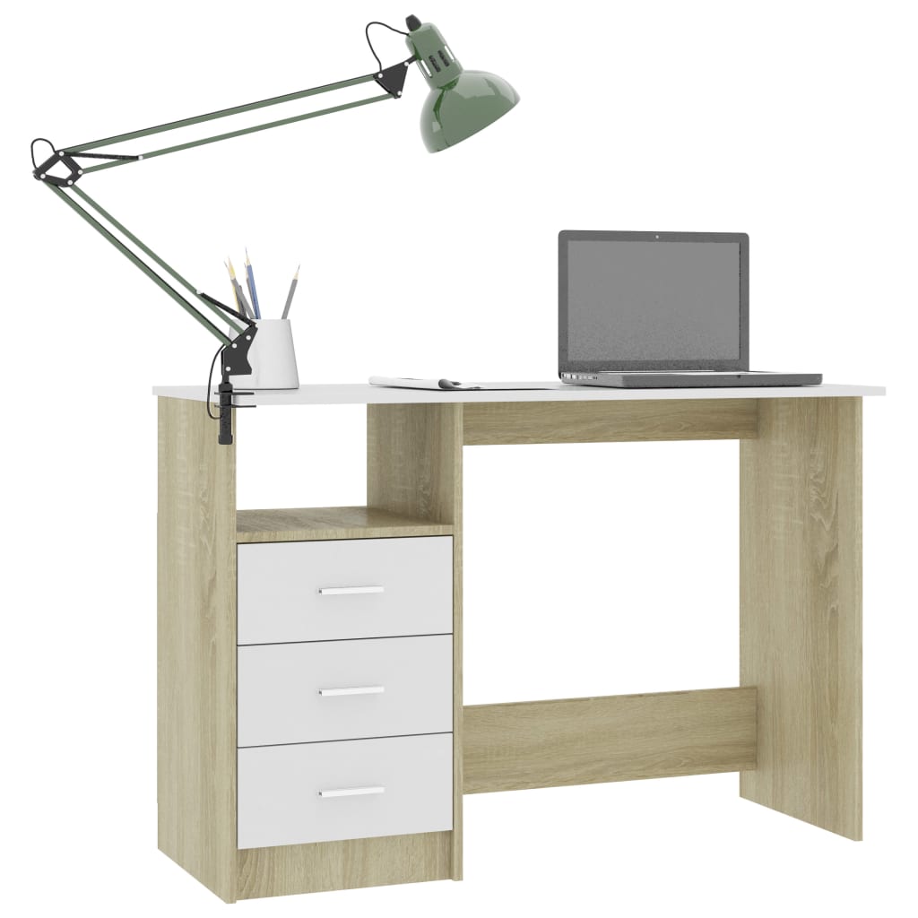 Schreibtisch mit Schubladen Weiß Sonoma-Eiche 110x50x76 cm