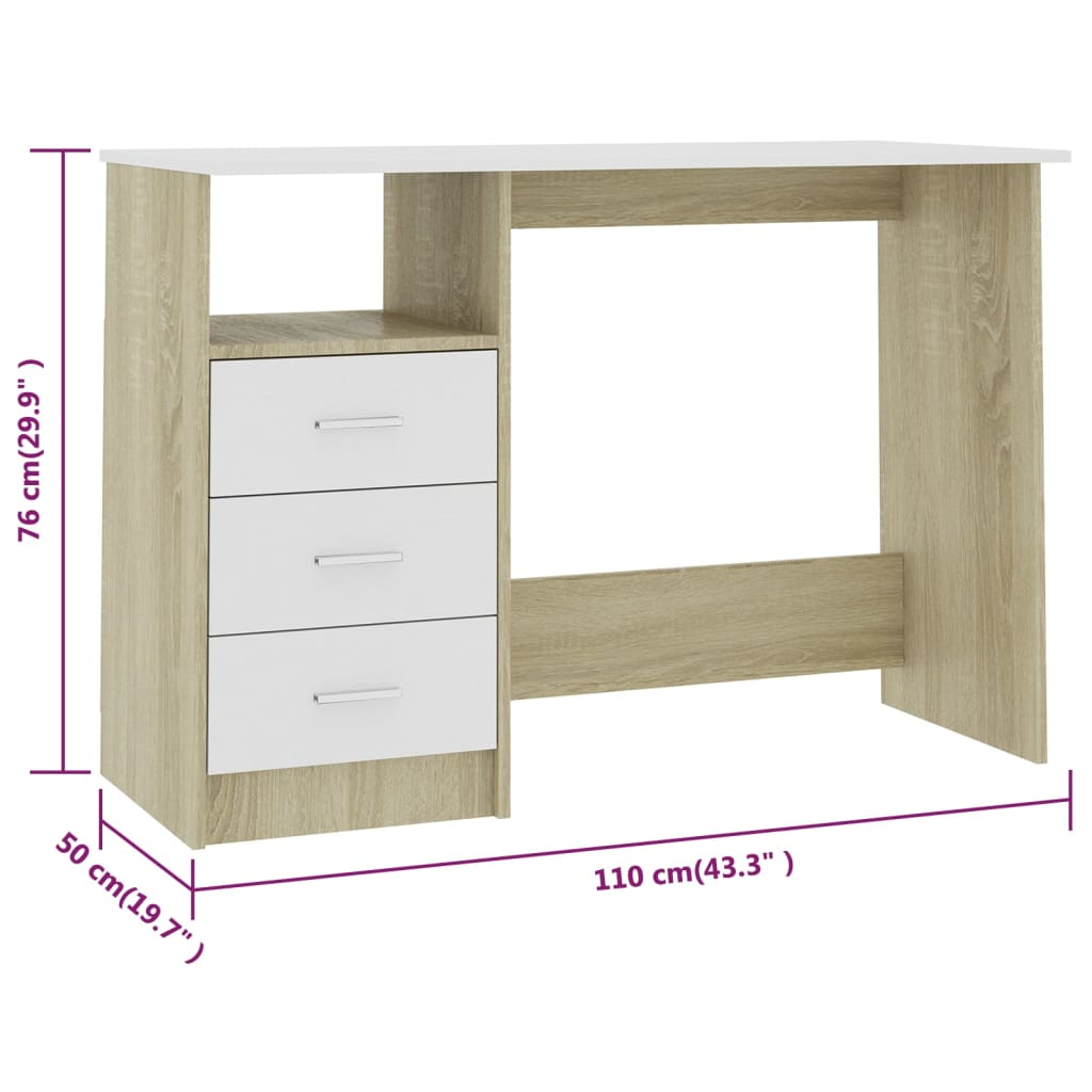 Schreibtisch mit Schubladen Weiß Sonoma-Eiche 110x50x76 cm