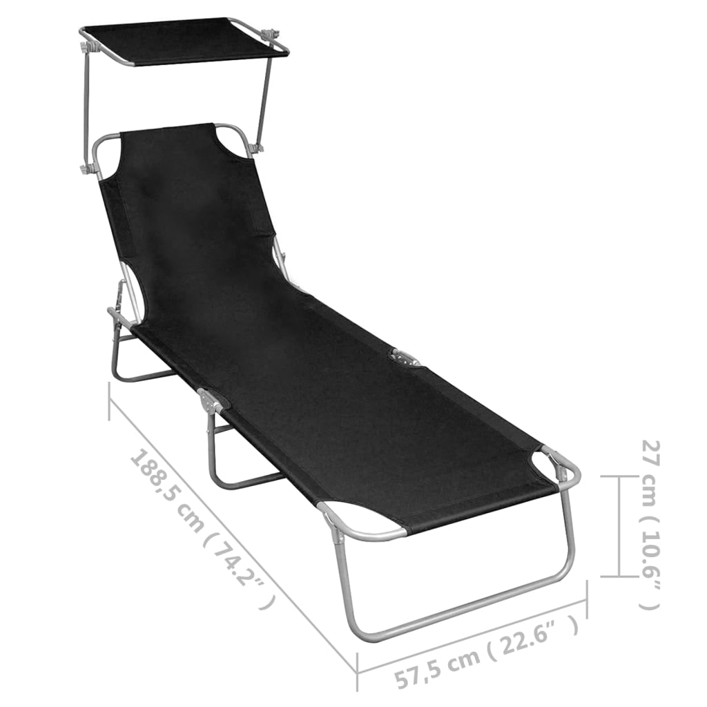 Klappliege mit Sonnendach Schwarz Aluminium