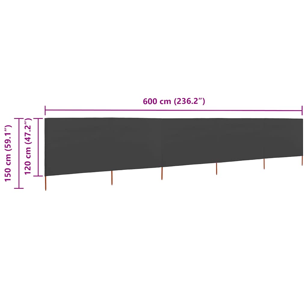5-teiliges Windschutzgewebe 600 x 120 cm Anthrazit