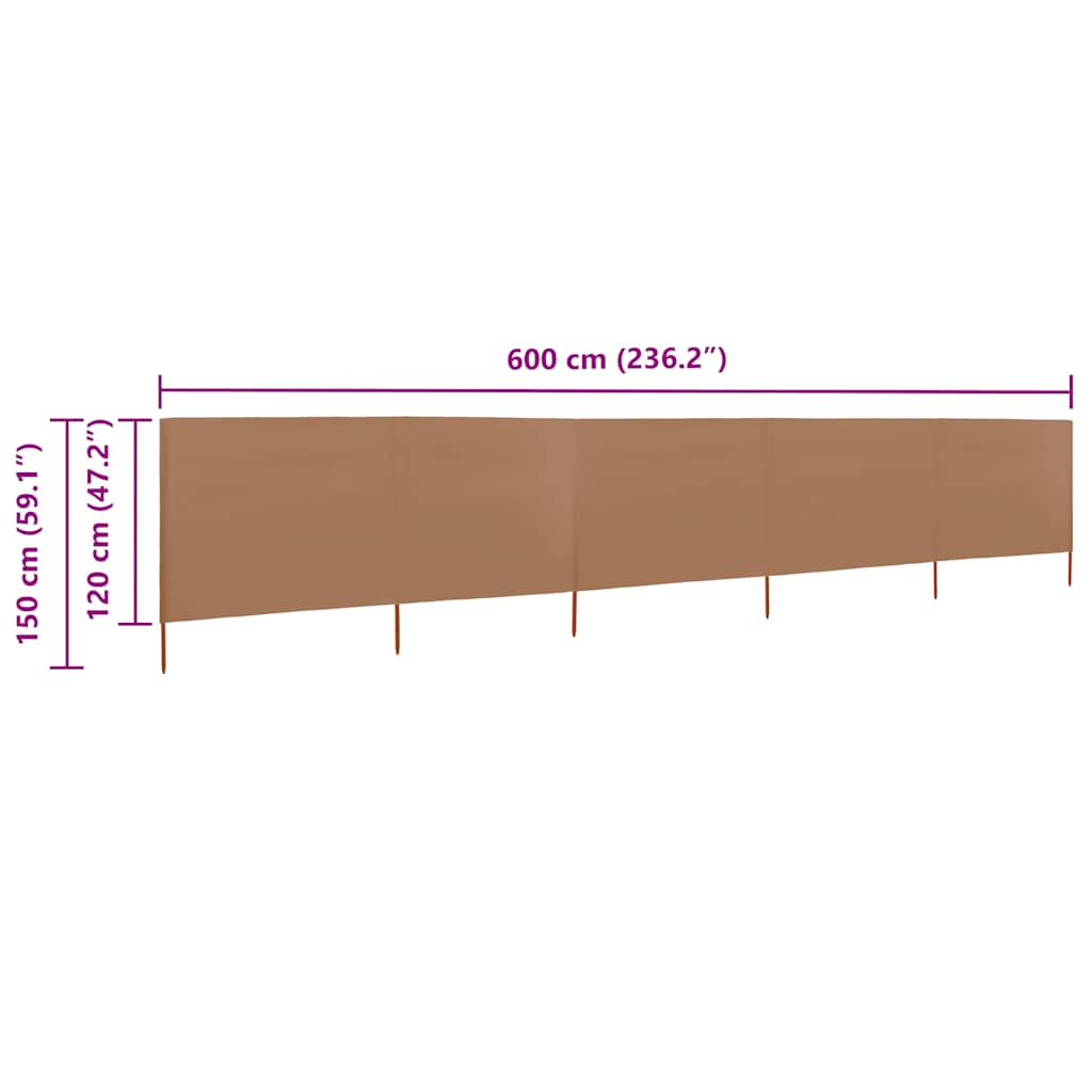 5-teiliges Windschutzgewebe 600 x 120 cm Taupe