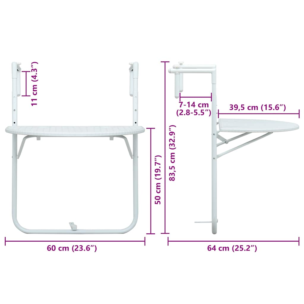 Balkon-Hängetisch Weiß 60x64x83,5 cm Kunststoff Rattan-Optik