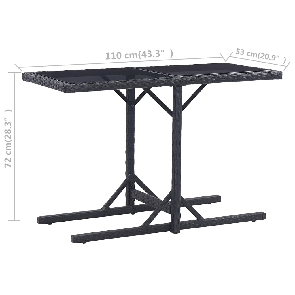 Gartentisch Schwarz 110×53×72 cm Glas und Poly Rattan
