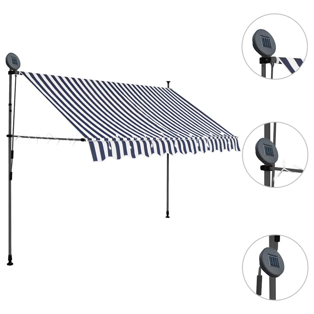 Einziehbare Markise Handbetrieben mit LED 300 cm Blau und Weiß